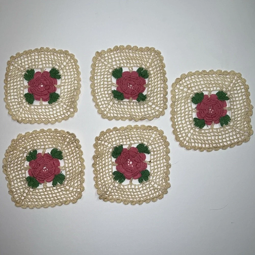 VTG 1950's Hand Crochet 3D Pink Beige Green Doilies Coasters Set Of 5 EUC